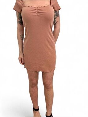 Abound Tan Brown Knit Ruched Sweetheart Cap Sleeve Organic Cotton Mini Dress